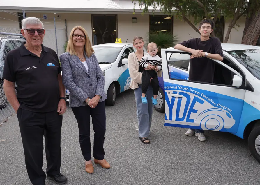 Mayor Caroline Knight with retiring Mandurah RYDE driving mentor David Lloyd and participants Vada Whiteman (with son Arlo) and Joey Wilson.